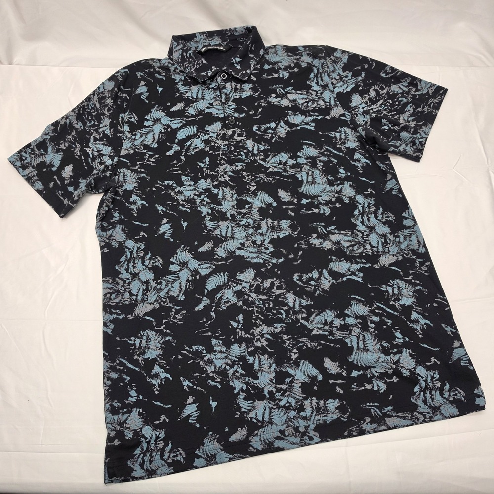 TravisMathew Men's XL Polo Shirt Blue Black Tropical Floral Print Golf Pima...
